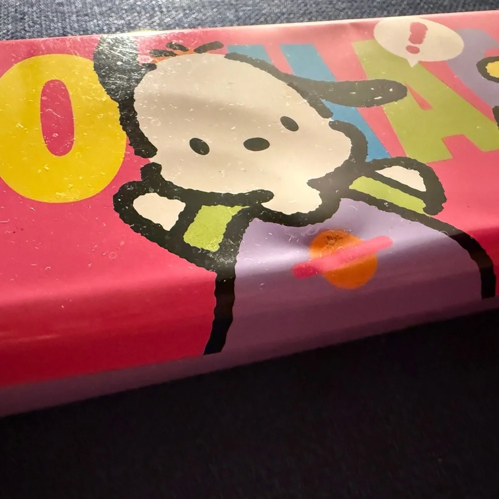 Sanrio Pochacco Pink Tin Pencil Box with Colorful Lettering